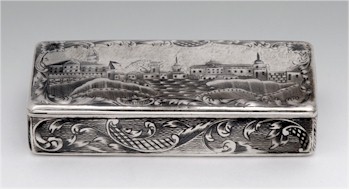 Another example of a niello decorated snuff box, this time with the lid decorated with a view of Moscow dating from 1847.