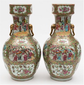 A pair of 'Chinese' shape Canton porcelain vases with elephant mask handles.
