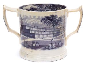 A pottery loving cup by an unknown maker commemorating the 1851 Great Exhibition.