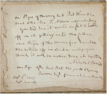 A signed handwritten letter by Horatio Nelson, 1st Viscount Nelson (1758-1805) is expected to sell at the upper end of
      its pre-sale estimate of £5,000-£7,000 because of its personal nature.