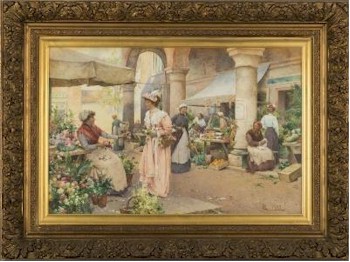 A delightful highlight of the picture auction is 'An Exchange at the Flower Market' by Alfred Glendening Jnr (1861-1907).