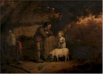 Country Folk and Pig outside a Cottage from the Circle of Thomas Hand (EX117/53) is also on offer in the Selected Pictures Auction.