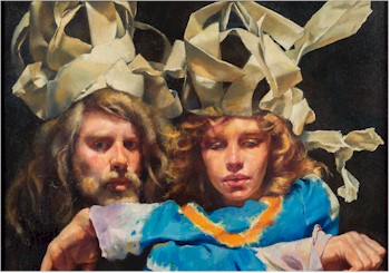 The Painter with Mary in Newspaper Magi-Fool's Hats by Robert Lenkiewicz (1941-2002), also known as 'Paper Crowns', carries 
        a pre-sale estimate of between £30,000 and £50,000.