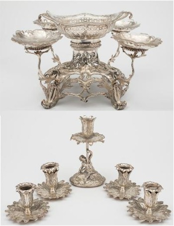 An early George III silver table centre piece (FS26/144) bearing the Lovell family armorial bearings is expected to fetch between
        £3,000 and £5,000 at the auction in Exeter.