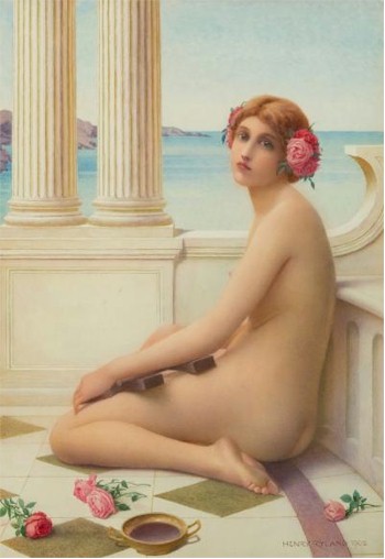 The painting of a Classical Beaty with a Greek Lyre on a Marble Balcony (FS26/311) by the artist Henry Ryland (1856-1924) is inviting bids of
        between £2,500 and £3,500.