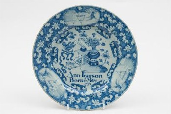 An English Dated Delftware Plate (FS27/432) inscribed 'Ann Pearson Born 17th May 1732'.