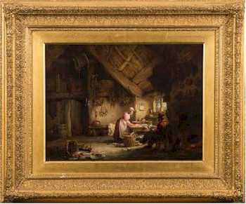 Figures in A Country Cottage Kitchen with a Woman Preparing Fish, a Seated Man and a Dog At Fireside (FS27/383) by the artist Nicholas Condy (1793-1857) 
       is estimated at £2,000-£3,000.