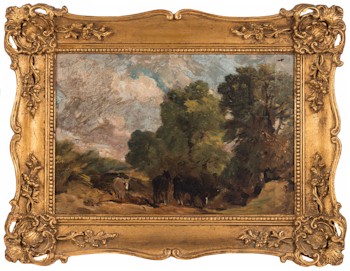 Ponies and Donkey in a Forest Clearing by John Constable (1776-1837), oil on canvas, 24cm x 36cm.