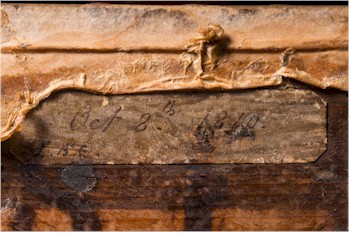 A close up of the label with the inscription 'L.B.C. Oct. 8th 1810' visible that greatly increases the authenticity of the painting.