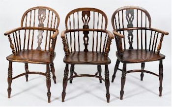 A harlequin set of four early 19th Century elm, ash and fruitwood stick back Windsor elbow chairs (FS29/916) is amongst the furniture.