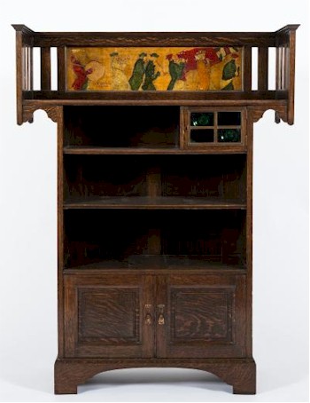 An Edwardian Oak and Decorated Bookcase (FS29/1085) by Shapland and Petter is included in the sale.