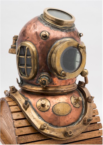A 12 bolt diving helmet by Siebe Gorman &amp Co, with later re-designs and adaptations.