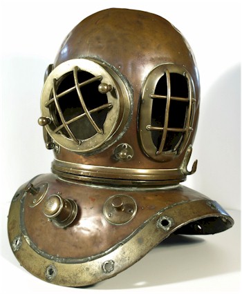 A 19th century 12 bolt divers helmet in the manner of Augutus Siebe (MA1/135) discovered in an attic in North Devon, which
        sold in 2009 for £16,000.