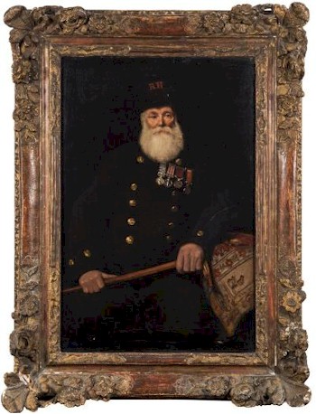 The portraits include an oil of a Chelsea Pensioner (FS30/336), seated wearing a blue buttoned tunic and four medals
        by the artist Charles Spencelayh (1865-1958).