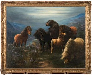 The Pictures Auction also includes a oil landscape fearturing Dartmoor Ponies (FS30/393) by Lilian Cehviot (c1884-1932).