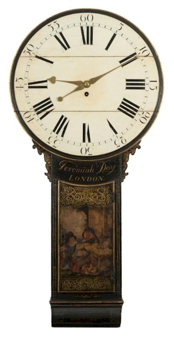 A Lacquered Tavern Clock (FS30/764) by Jeremiah Day of London fetched £4,500.