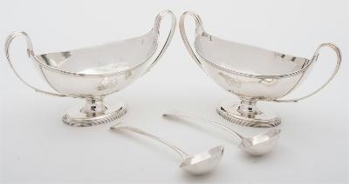 A pair of George III Silver Sauce Tureens produced by silversmith Henry Chawner
        of London in 1787 (FS33/139) will be offered as part of the silverware in the auction
        in Exeter and live online.