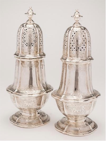 A pair of George II Silver Sugar Casters, crafted by Joseph Sanders of London in 1735 (FS34/191) is being offered in the auction, which has online bidding support.