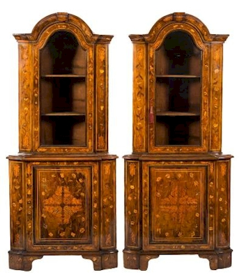 The Furniture includes a pair of early 19th Century Dutch Walnut and Floral Marquetry
        Standing Corner Display Cabinets (FS35/1082).