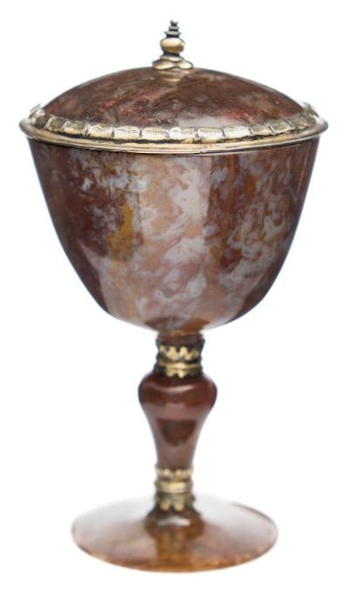 A German silver-gilt mounted Moss Agate Cup and Cover (FS36/749) realised £5,500 in the Works of Art auction.