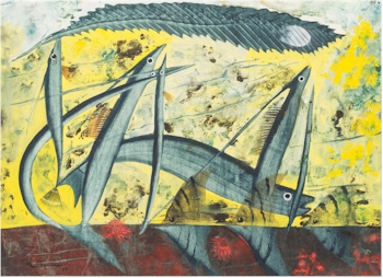 John Tunnard (1900-1971): Flying Fish and Angel Fish. Mixed media 27x37cm. Estimate
        £3,000-£5,000.