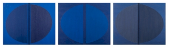 Terry Frost, RA (1915-2003): Lustful Blue. A triptych, signed, inscribed and dated
        '03 on the reverse of each part oils on canvas with collage three, each 71x86.5cm.
        The triptych was exhibited at The Royal Academy Summer Exhibition 2003. Estimate
        £12,000-£18,000.