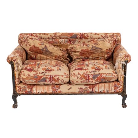 A Rare Edwardian Lacquered, Parcel Gilt And Upholstered Two Seat Sofa By Howard & Sons Of London