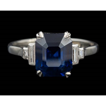 An Art Deco Sapphire And Diamond Ring, The Rectangular Cut Sapphire, Ca 3