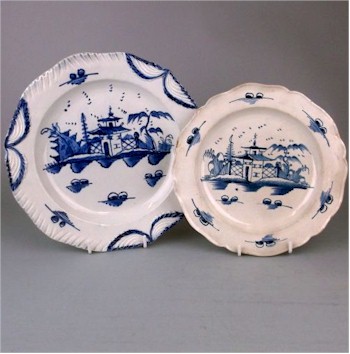 A pearlware and a creamware plate in the Pagoda and Fence pattern attributed to William Greatbatch.