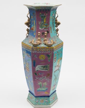 A Canton decorated vase of typical form with chilong and kylin, but in a very unusual palette.