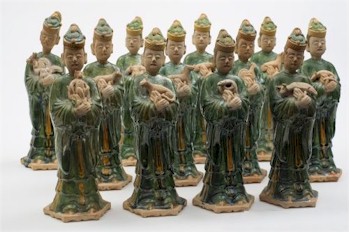 An entourage of Tang Dynasty tomb attendants, each holding a Zodiac animal.