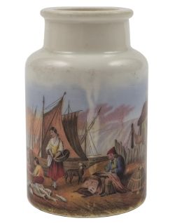A Mayer Pegwell Bay subject fishpaste jar: Mending the Nets.