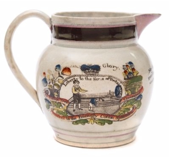 A jug commemorating the role of the Friendly Cotton Spinners a proto trade union (FS35/704).