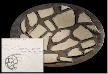 A stoneware charger from her 1971 solo exhibition together with a page from her
        notebook.