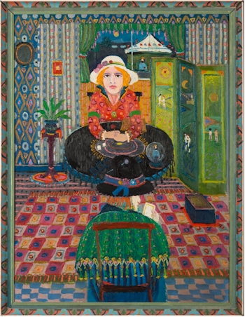 Fred Yates (1922-2008): The Fortune Teller - signed within the crystal ball on the
        table; oil on canvas; 99x74cm, within the artist's painted frame.