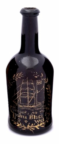 An early 19th century glass cylinder wine bottle, decorated with 'Success to the John Blackwell'.