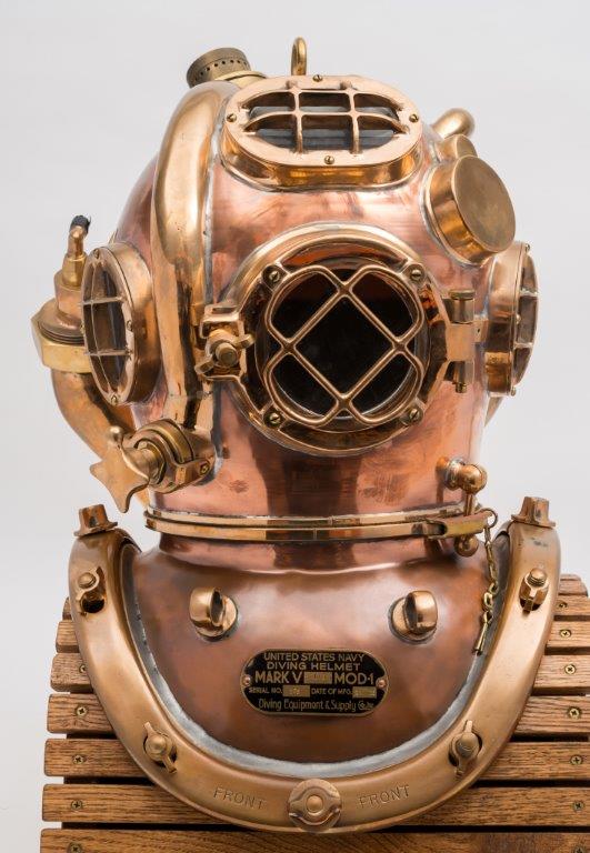 a us navy mark v helium re-breather diving helmet by morse (front).