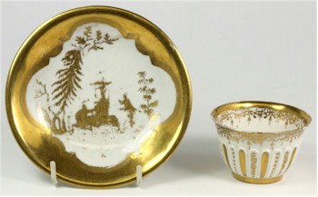 A tea bowl and saucer gilded by the Goldsmiths of Augsburg, circa 1720.