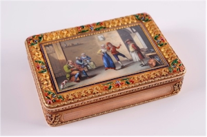 An early 19th century enamelled gold rectangular snuffbox. Realised £11,200. (FS15/206).