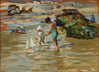 An oil painting by Dorothy Sharp of children playing on a beach, estimated at between £2,500 and £3,500.