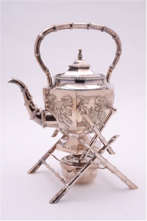 A Hung Chong Chinese silver tea kettle and burner. (FS17/211).