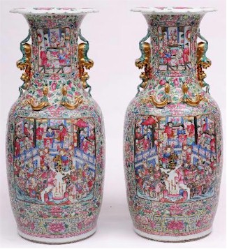 A beautiful pair of Canton vases, which had been brought to the Westcountry by the
        vendor's Great Grandfather from Shanghai, fetched £21,000, and will now return to China. (FS17/525).