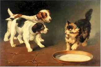 Louis Roger (1874-1953): Puppies and a Kitten by a Bowl of Milk (EX63/64) - one of many 20th
        Century British paintings in the sale.