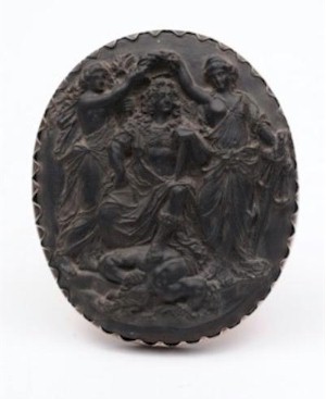 A Wedgwood black basalt oval plaque of King James II crowned by Peace and Justice
        (FS18/516) is a good example of 18th century Wedgwood jasperware and basalt ceramics included in the sale.