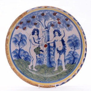 An Adam and Eve delft charger, Bristol, circa 1740, which will be offered for auction in our July 2013 Fine Sale (FS19/393).