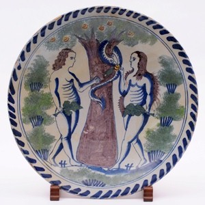 An Adam and Eve delft charger, probably London delft, circa 1720-40 (FS17/105), from the Tryhorn Collection, which sold for £1,300 in January 2013.