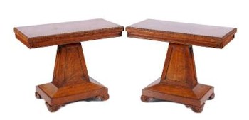 A pair of Regency pollard oak card tables in the manner of George Bullock from the Nye Collection that are expected to attract bids
        between £6,000 and £8,000 (SF18/1005).