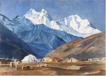A watercolour view of the Himalayas with Kang Teg and Thamserku peaks in the distance, but the identity of the artist who painted
        it has proved elusive, other than they signed the picture 'BELL'.