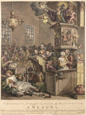 An 18th century engraving of William Hogarth's Credulity, Superstition & Fanticism,
        A Medley (HO73/2), which is being offered in the Selected Pictures Auction.