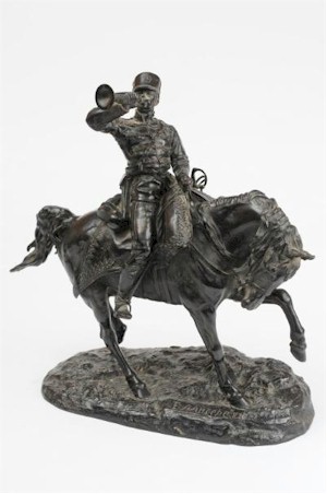 The  equestrian bronze of a Russian trumpeter by Russian sculptor Evgenii Alexandrovich Lanceray was fiercly fought over by telephone and internet bidders
        alike and finally succumbed to a bid of £5,400 (FS19/659).